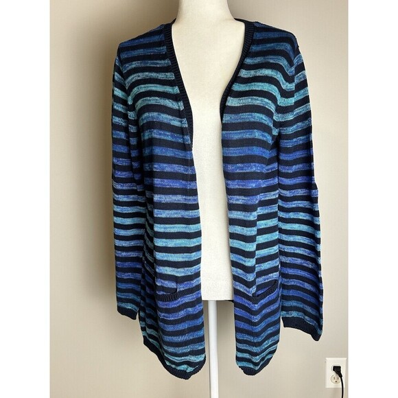 Jones New York Sweaters - Jones New York Cardigan Sweater Large Blue/Black Striped Knit Long Sleeve